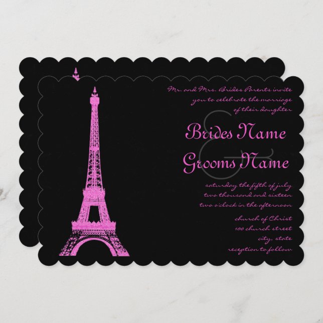 Invitación a la boda de la Torre Eiffel de Fuchsia (Anverso / Reverso)