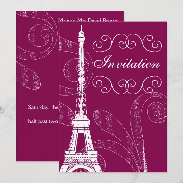 Invitación a la boda de la Torre Eiffel de Fuchsia (Anverso / Reverso)