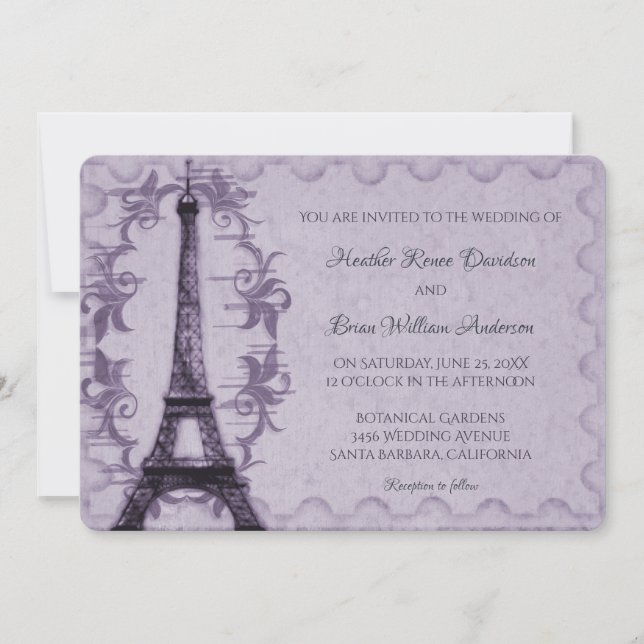 Invitación a la boda de la Torre Eiffel Púrpura (Anverso)