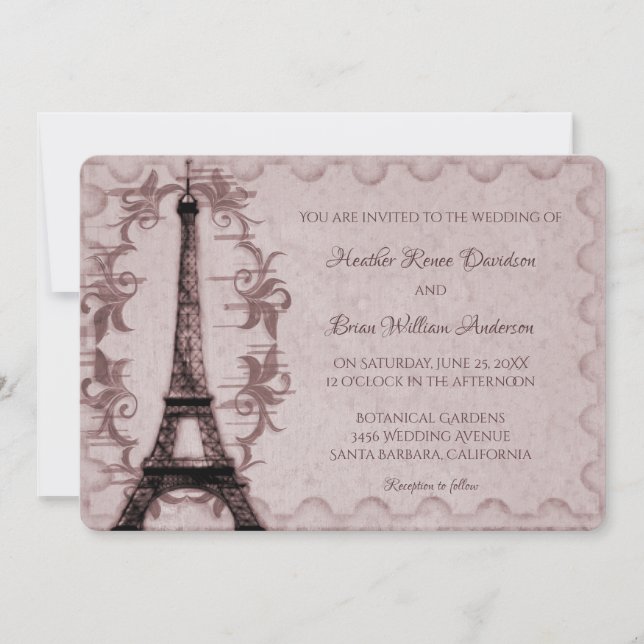 Invitación a la boda de la Torre Eiffel Rosa (Anverso)
