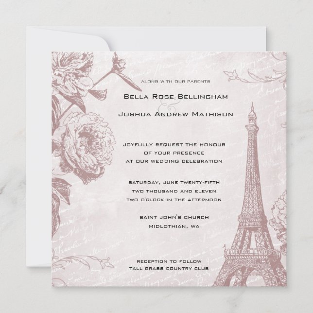 Invitación a la boda de la Torre Eiffel Rosa Vinta (Anverso)