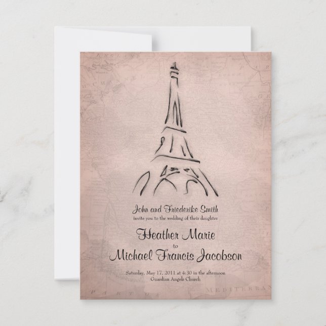 Invitación a la boda de la Torre Eiffel Sepia (Anverso)