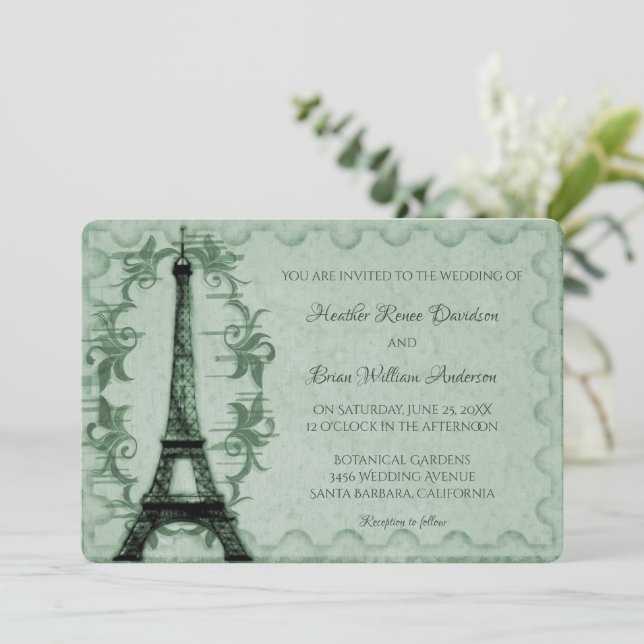 Invitación a la boda de la Torre Eiffel Verde (Anverso de pie)