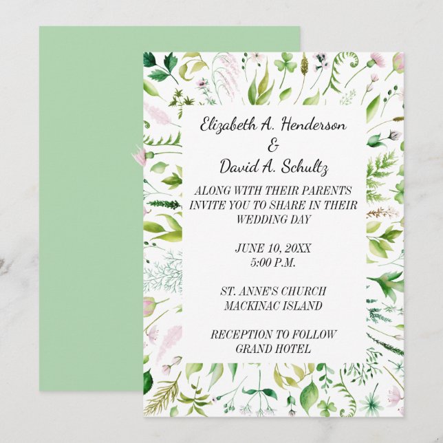 Invitación a la boda de la vegetación floral (Anverso / Reverso)
