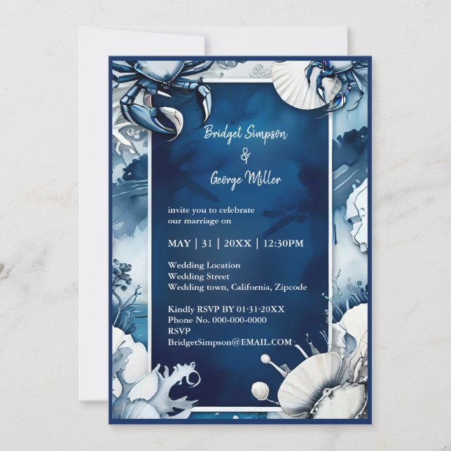 invitación a la boda de la vibra costera azul y bl (Anverso)
