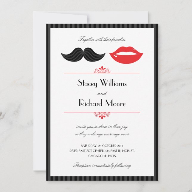 Invitación a la boda de labios y bigotes (Anverso)