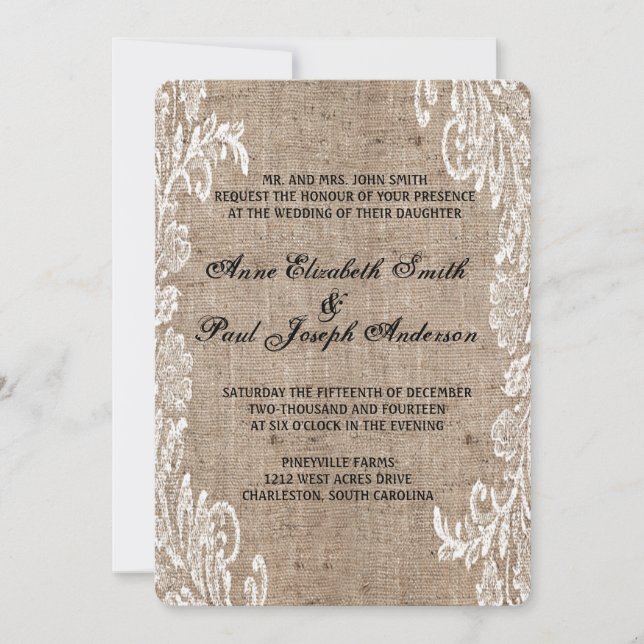 invitación a la boda de lace burlap (Anverso)