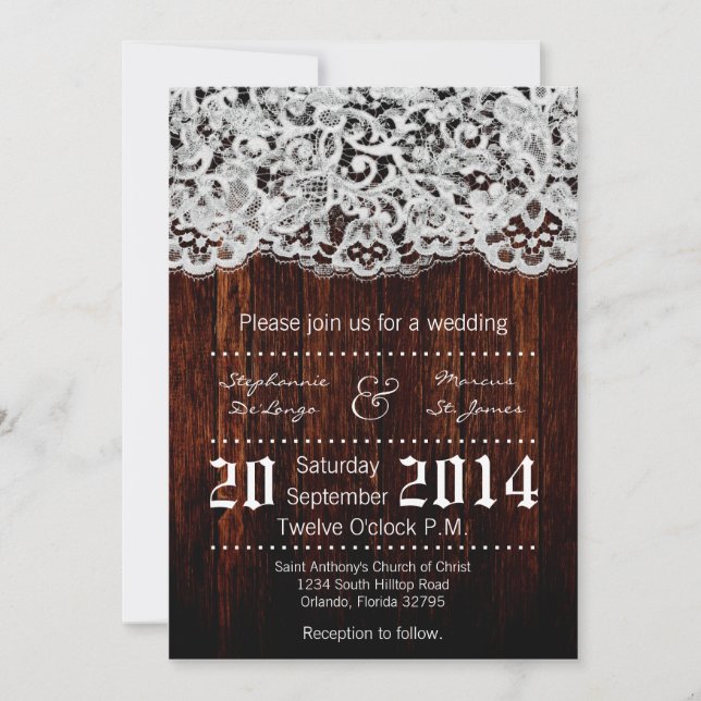 Invitación a la Boda de Lace de Madera de Campo 5x (Anverso)