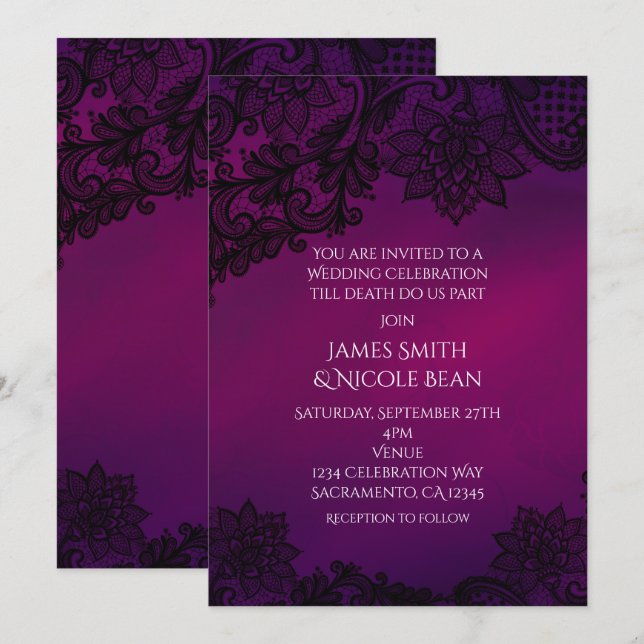 Invitación a la Boda de Lace Elegante Rosa y Púrpu (Anverso / Reverso)