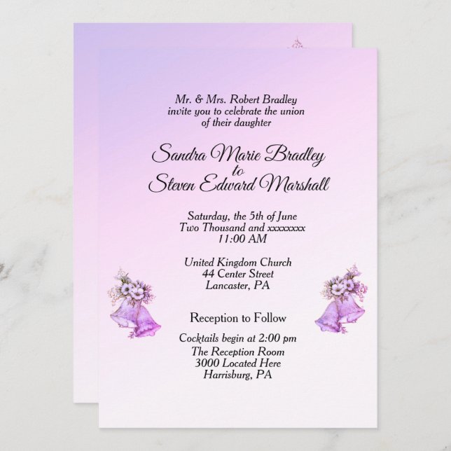 Invitación a la boda de las campanas de lavanda (Anverso / Reverso)