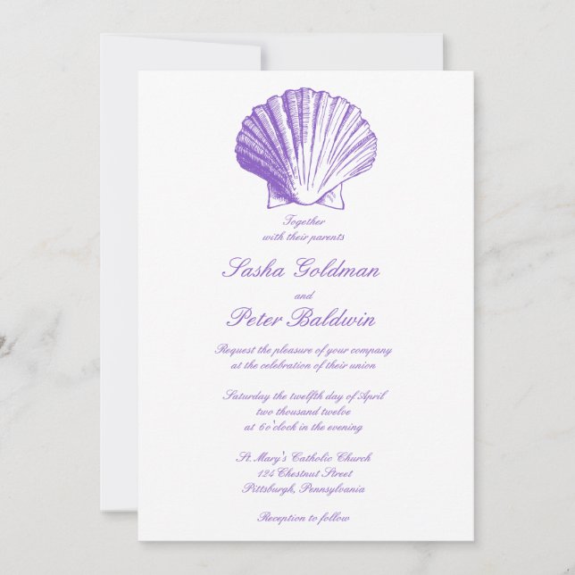Invitación a la boda de las conchas marinas violet (Anverso)