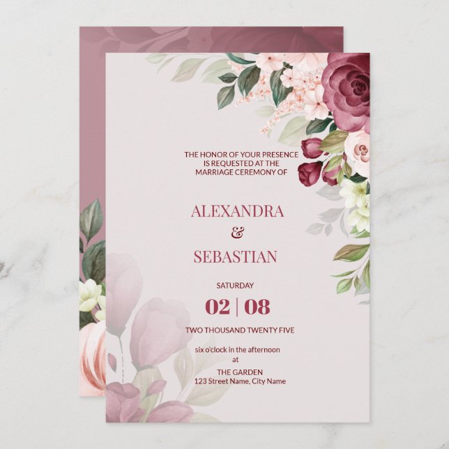 Invitación a la boda de las flores acuarelas (Anverso / Reverso)