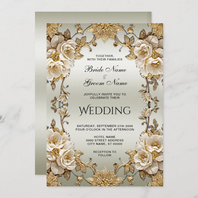 Invitación a la boda de las flores blancas ornadas (Anverso / Reverso)