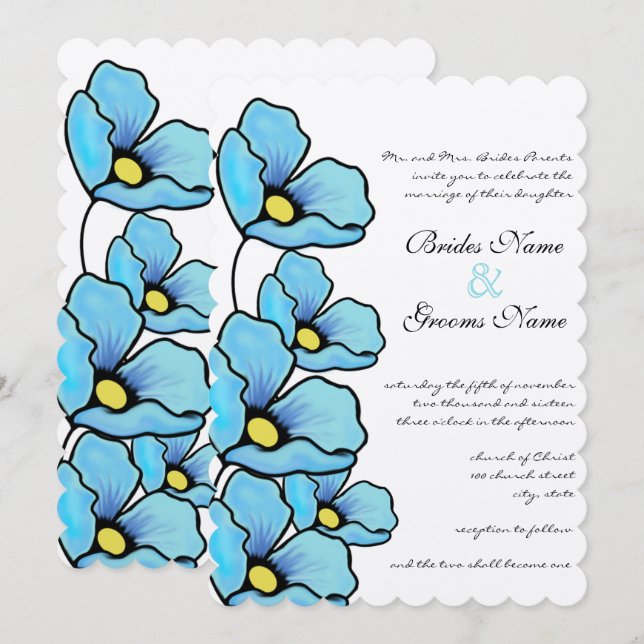 Invitación a la boda de las flores de amapola azul (Anverso / Reverso)