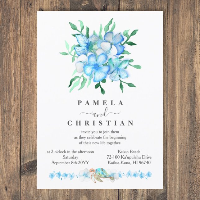 Invitación a la boda de las flores de hibiscus azu (tropical blue wedding invitation with watercolor sea turtle, malibu blue, bahama blue tropical plant)