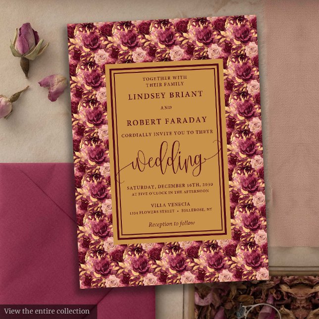 Invitación a la boda de las flores de oro lux maro (Modern Lux Maroon Gold Flowers Wedding Invitation)