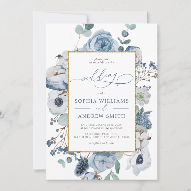 Invitación a la boda de las flores de Rosa azul (Anverso)