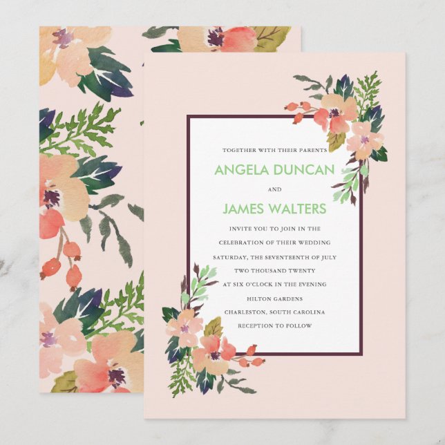 Invitación a la boda de las flores del rincón acua (Anverso / Reverso)