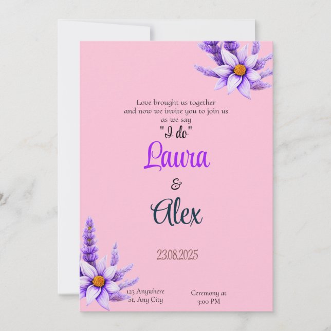 Invitación a la boda de las flores moradas (Anverso)