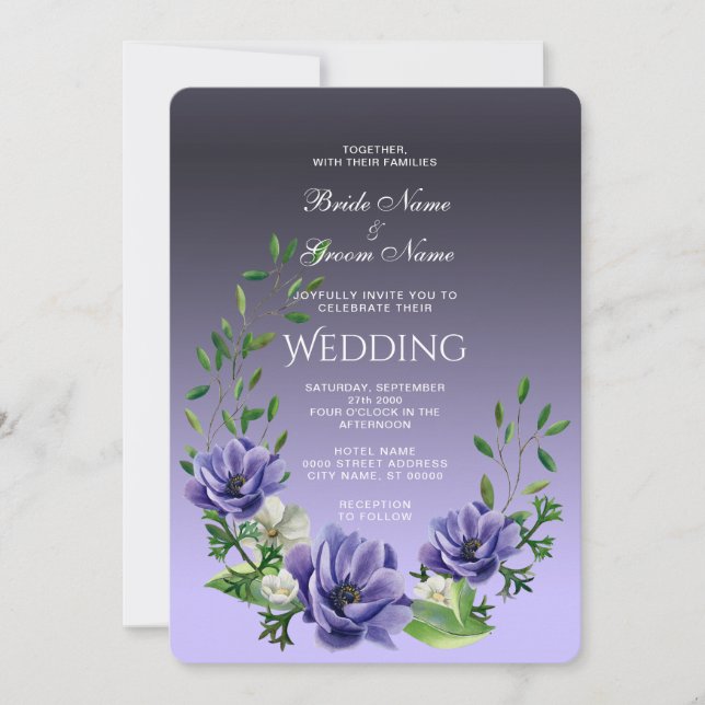 Invitación a la boda de las flores púrpura acuarel (Anverso)