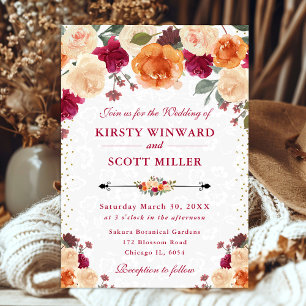 Invitación a la boda de las flores rojas y Naranja