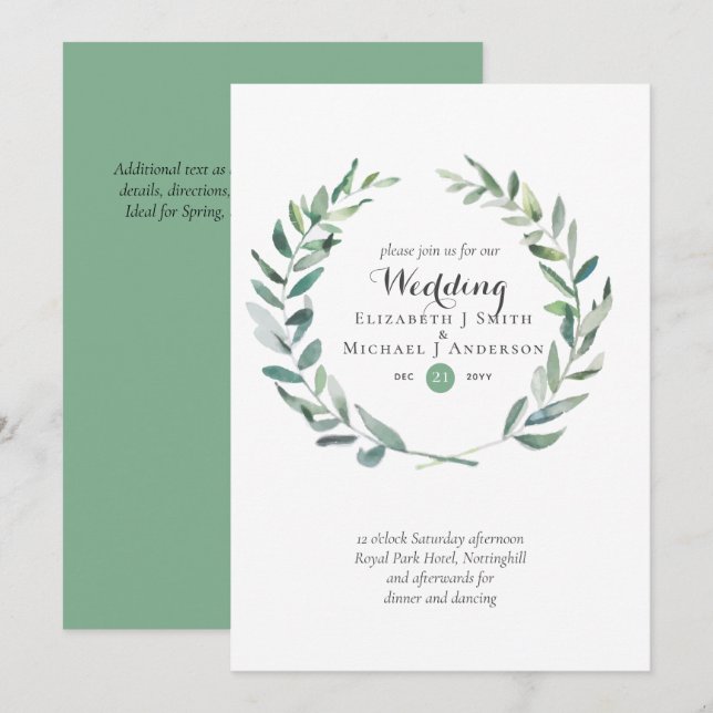Invitación a la boda de las hojas de oliva de vege (Anverso / Reverso)