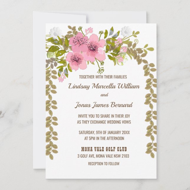 Invitación a la boda de las hojas doradas rosadas  (Anverso)