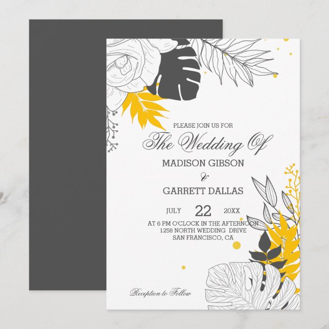 Invitación a la boda de las hojas tropicales amari (Anverso / Reverso)