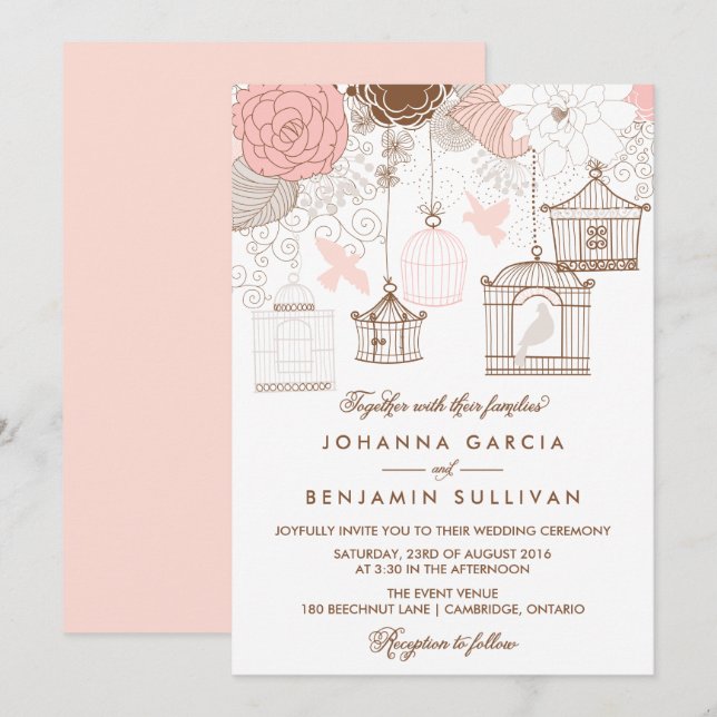Invitación a la boda de las jaulas amorosas rosada (Anverso / Reverso)