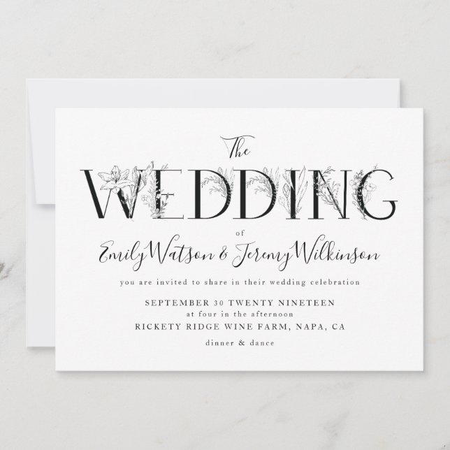 Invitación a la boda de las letras florales negras (Anverso)