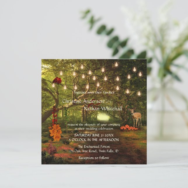 Invitación a la boda de las luces de cadena forest (Anverso de pie)