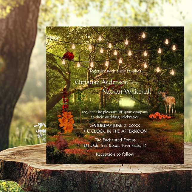 Invitación a la boda de las luces de cadena forest (Wedding invitation featuring an enchanted fairy tale like forest with string lights)