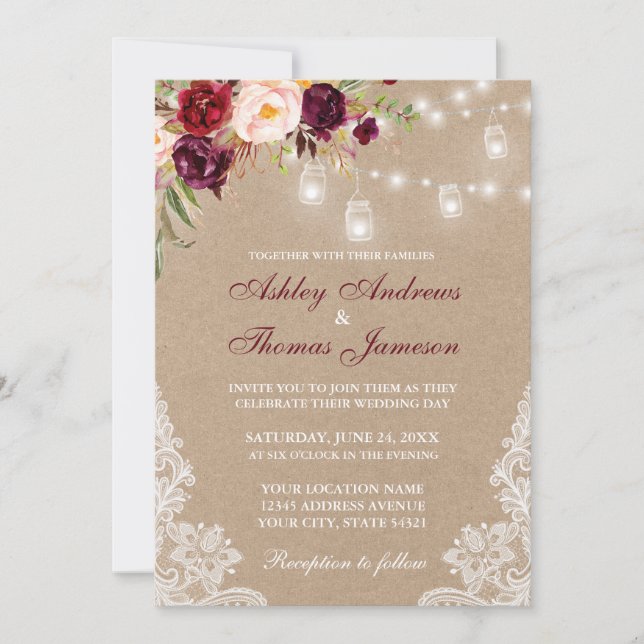 Invitación a la boda de las luces de encaje de col (Anverso)