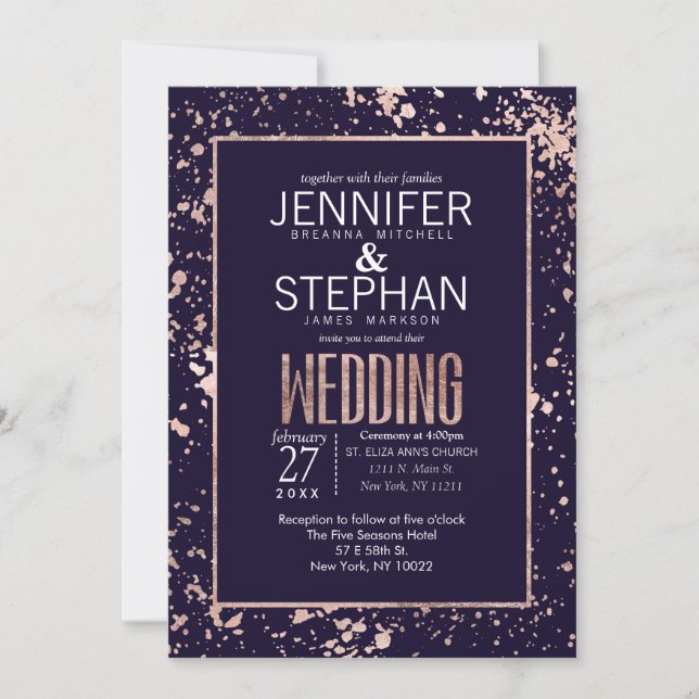 Invitación a la boda de las manchas de pintura azu (Anverso)