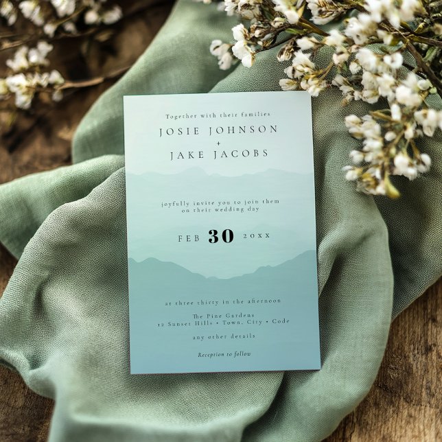 Invitación a la boda de las montañas verdes (Soft green mountains wedding invitation featuring a delicate watercolor and photo)