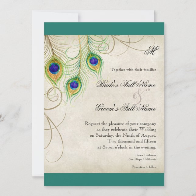 Invitación a la boda de las plumas de pavo real (Anverso)