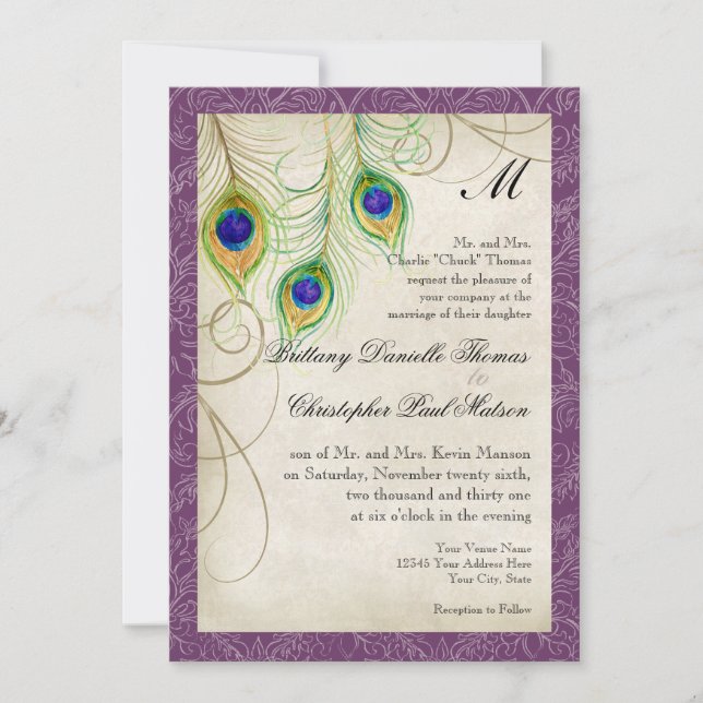 Invitación a la boda de las plumas de pavo real (Anverso)