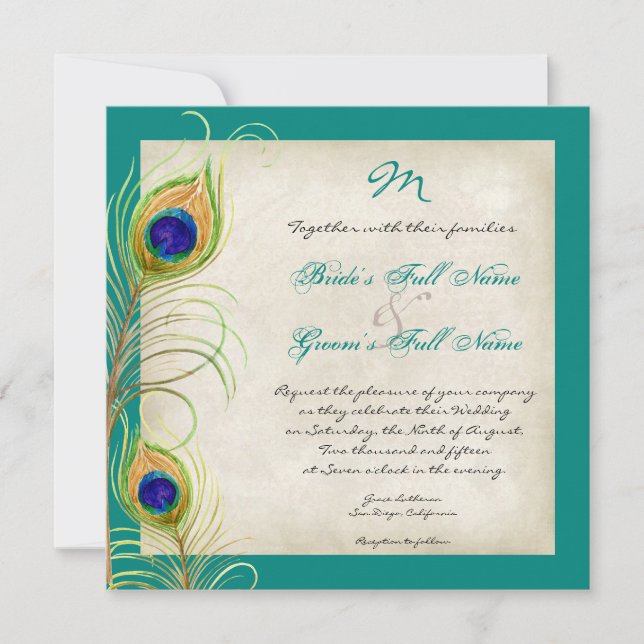 Invitación a la boda de las plumas de pavo real (Anverso)