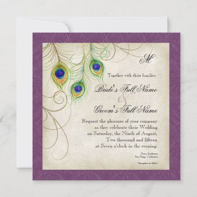 Invitación a la boda de las plumas de pavo real (Anverso)