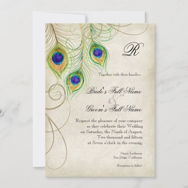 Invitación a la boda de las plumas de pavo real (Anverso)