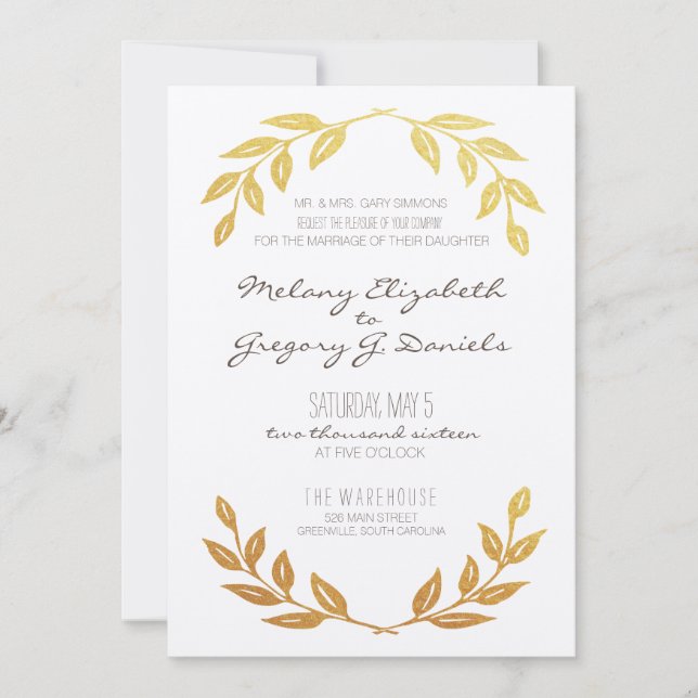 Invitación a la boda de Laurel Wreath Gold Leaf (Anverso)