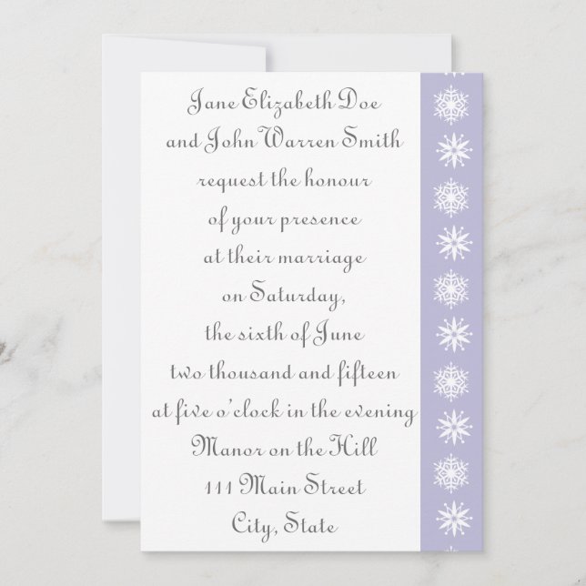 Invitación a la boda de Lavanda con copos de nieve (Anverso)