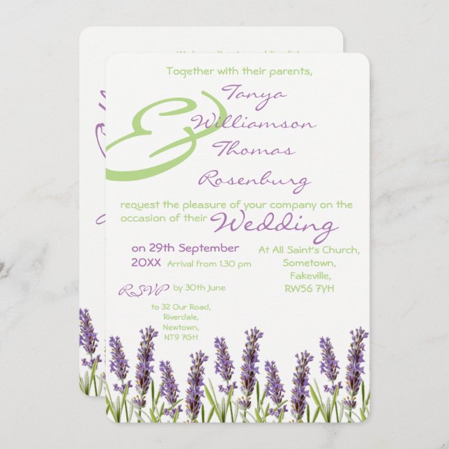Invitación a la boda de Lavender (Anverso / Reverso)