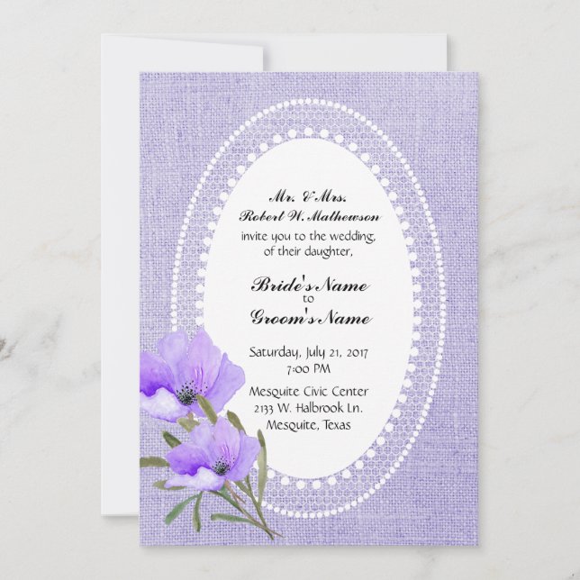 Invitación a la boda de Lavender Burlap y Flowers (Anverso)