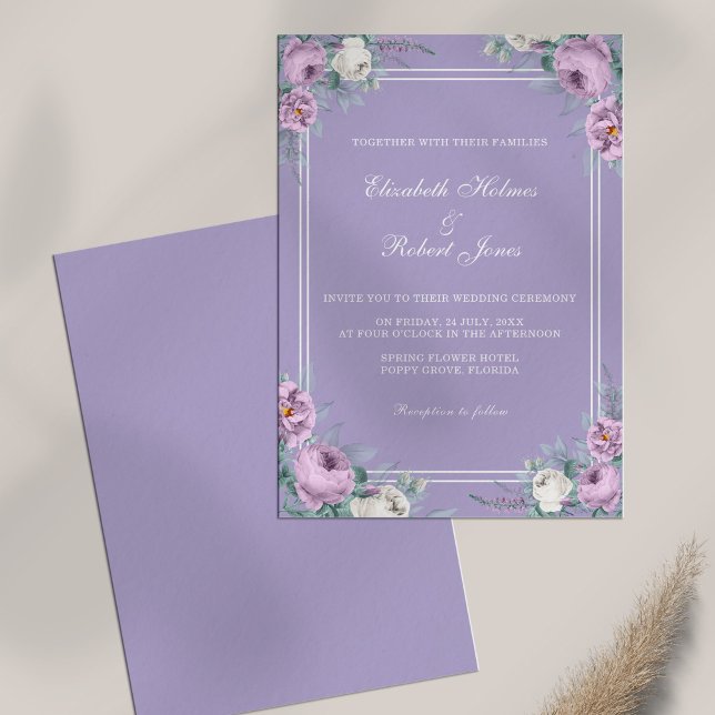 Invitación a la boda de Lavender Purple Peonies (Lavender Purple Peonies Wedding Invitation on white table.)