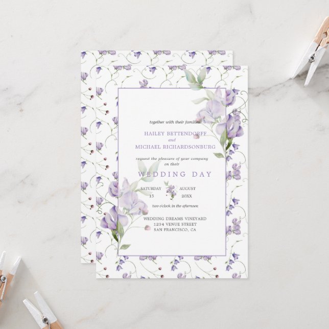 Invitación a la boda de Lavender Sweet Peas (Anverso/Reverso In Situ)