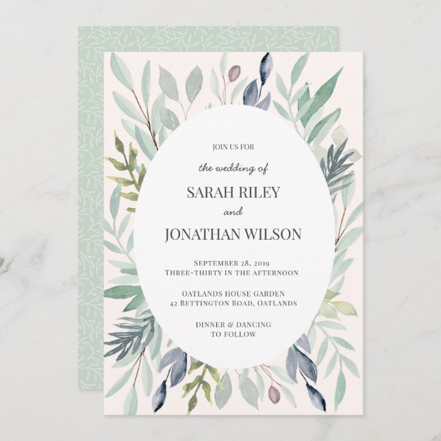 Invitación a la boda de leafy follaje verde (Anverso / Reverso)