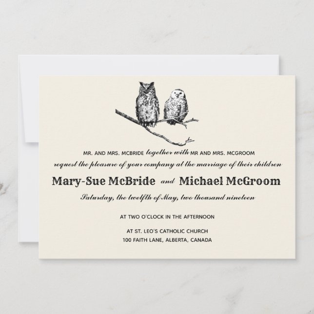 Invitación a la boda de lechuzas de bosque rústico (Anverso)