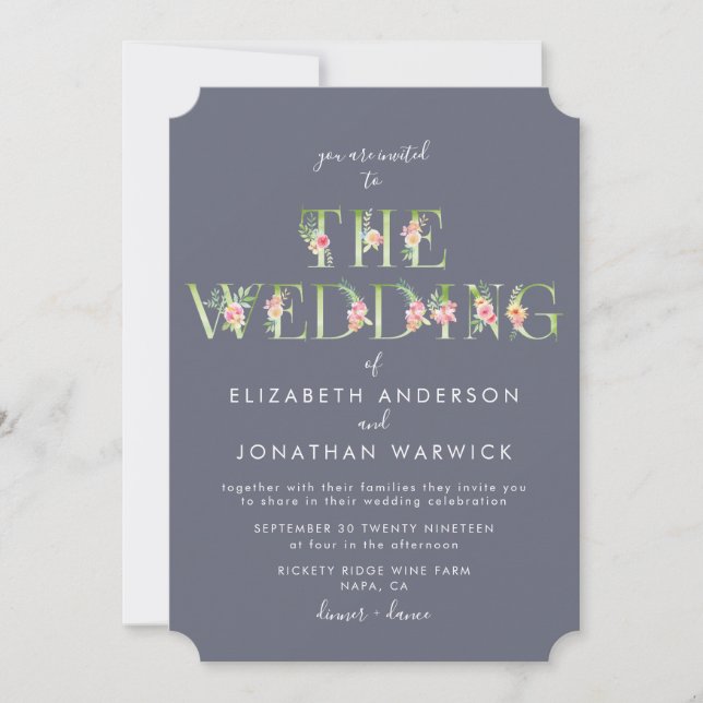Invitación a la boda de letras acuarelas florales (Anverso)