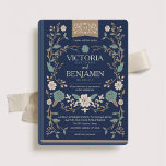 Invitación a la boda de libros de la Biblioteca de<br><div class="desc">Esta invitación a la boda de oro y marina está diseñada para parecerse a una vieja portada de libros de época. La invitación tiene un elegante fondo azul marino con motivos florales dorados, lo que le da un toque lujoso y refinado. La tipografía utilizada es tradicional y de color dorado,...</div>